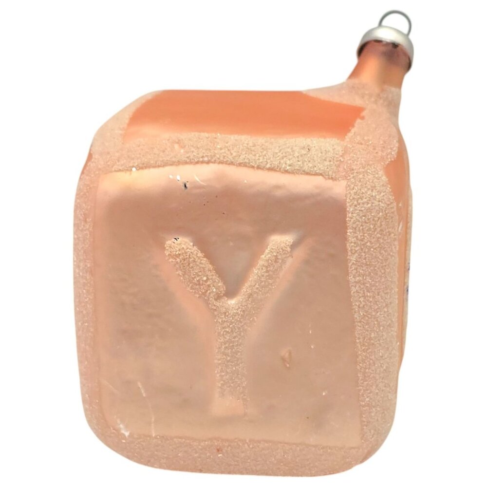 Vintage Peach Frosted Glass Baby Block Ornament With Embossed Letters & Glitter
